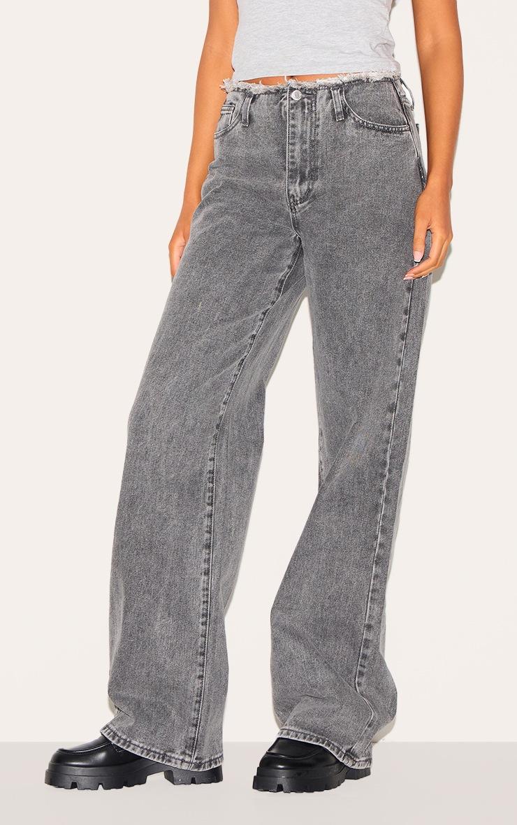 Pretty Little Thing Tall Washed Grey Fray Waist Low Rise Straight Leg Jeans