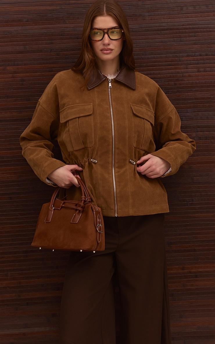 Pretty Little Thing Tan Faux Suede Contrast Collar Cinch Waist Jacket