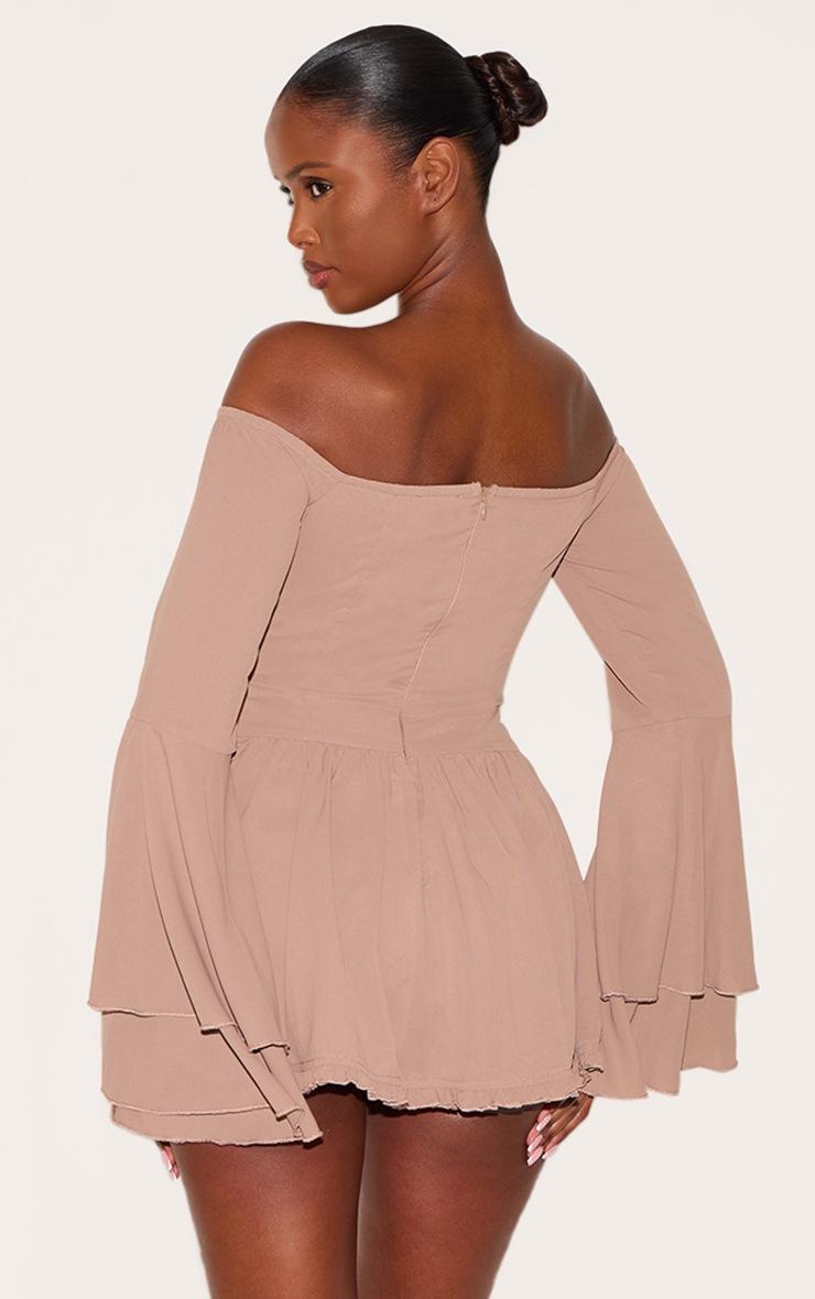 Pretty Little Thing Taupe Bardot Flare Sleeve Romper