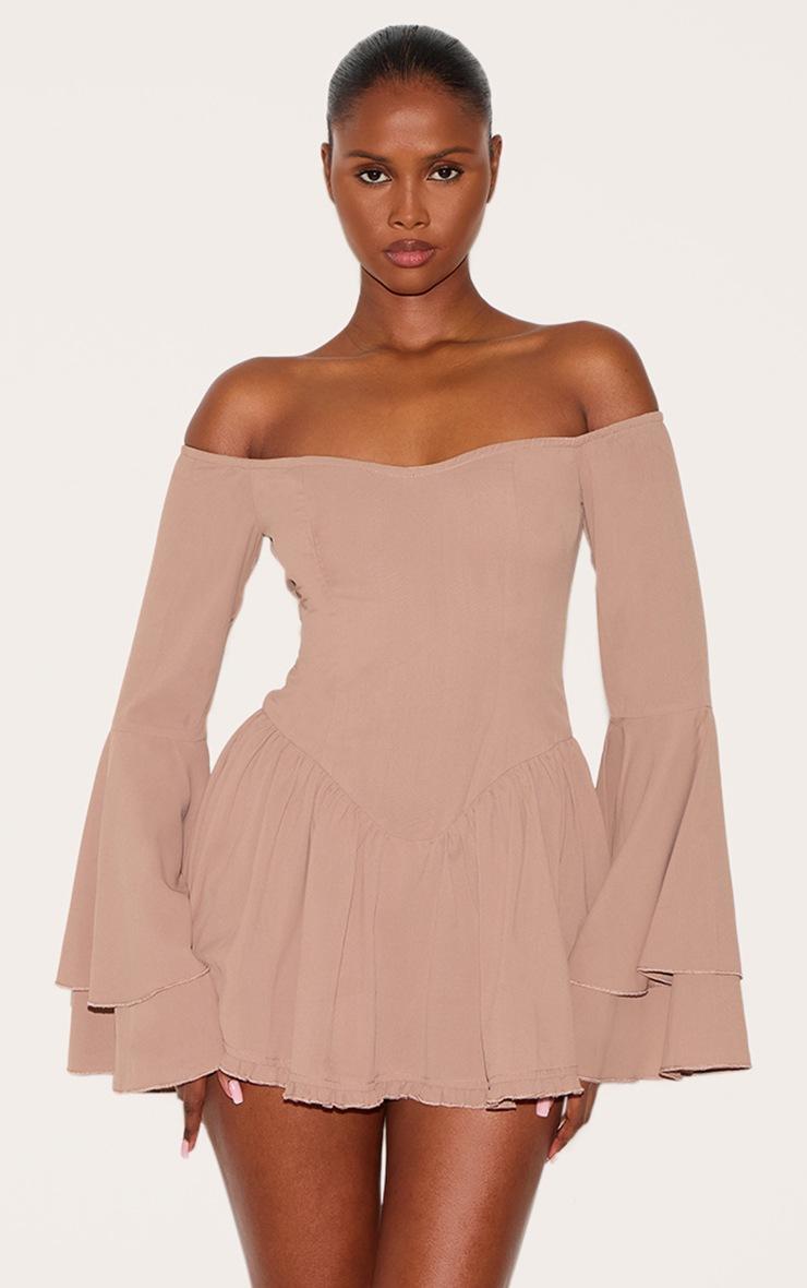 Pretty Little Thing Taupe Bardot Flare Sleeve Romper