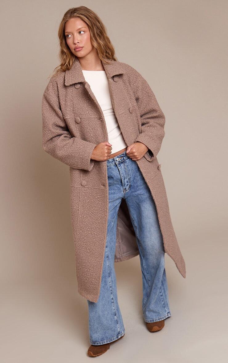 Pretty Little Thing Taupe Boucle Double Breasted Maxi Coat