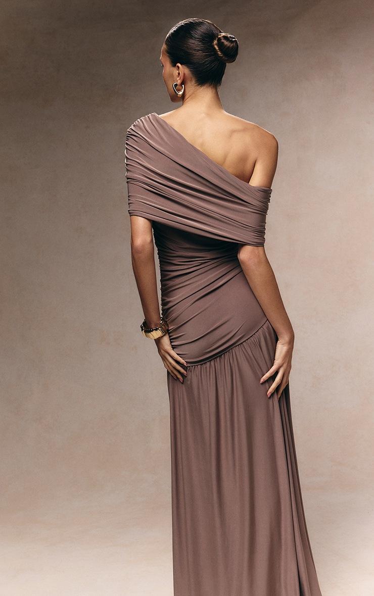 Pretty Little Thing Taupe Double Layer Slinky Bardot One Shoulder Ruched Maxi Dress