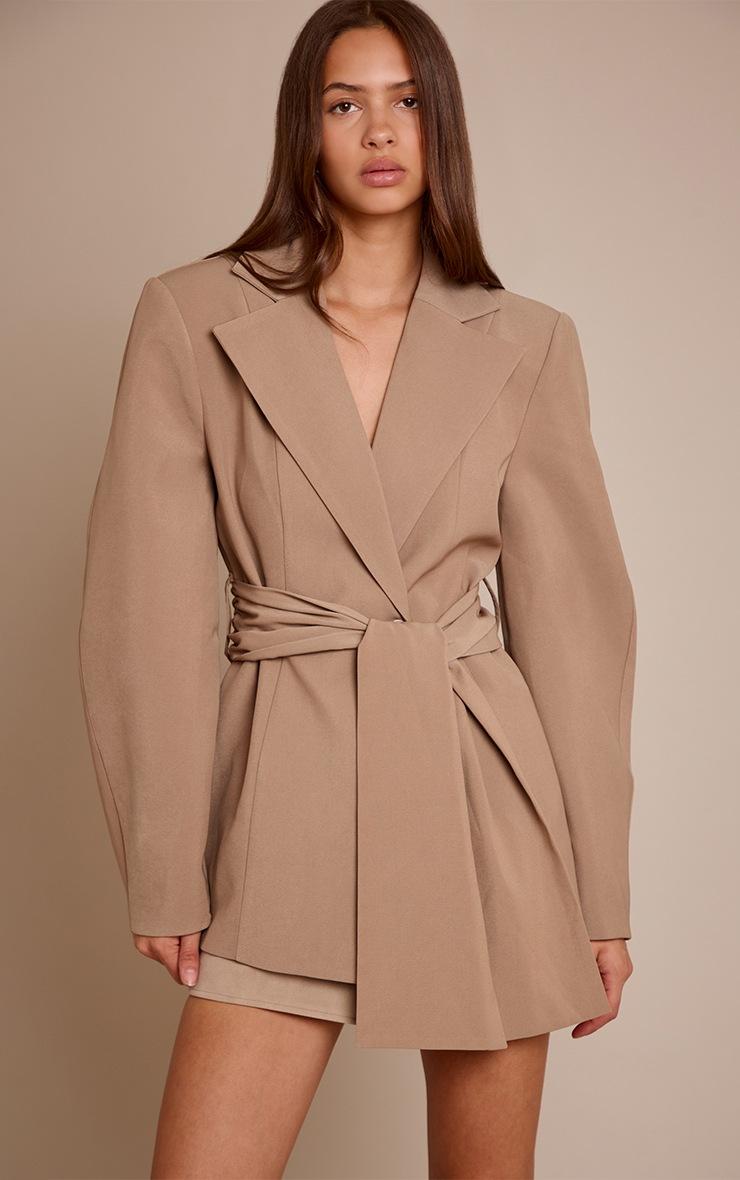 Pretty Little Thing Taupe Gathered Wrap Waist Belted Blazer