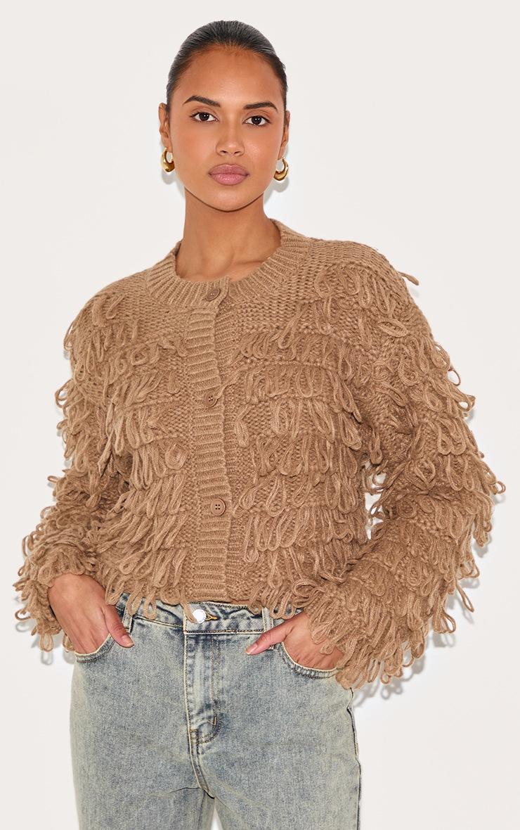 Pretty Little Thing Taupe Loop Knit Crew Neck Button Up Cardigan