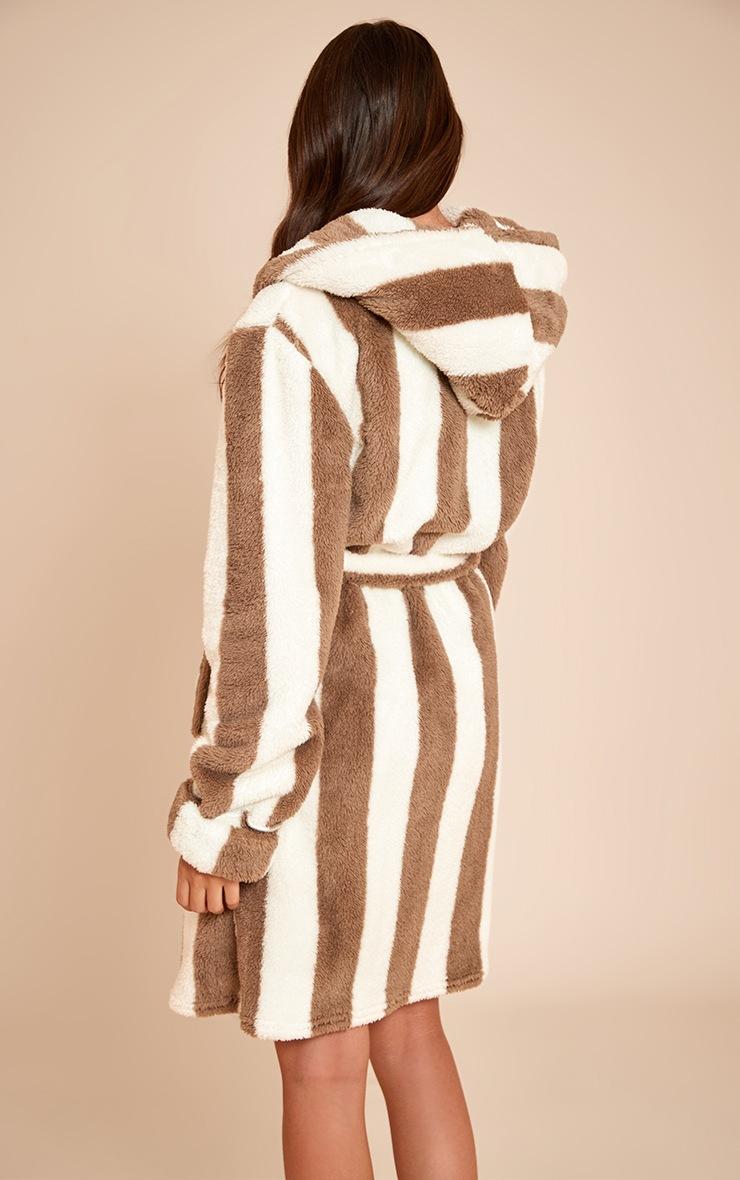 Pretty Little Thing Taupe Stripe Fleece Hooded Short Bath Robe