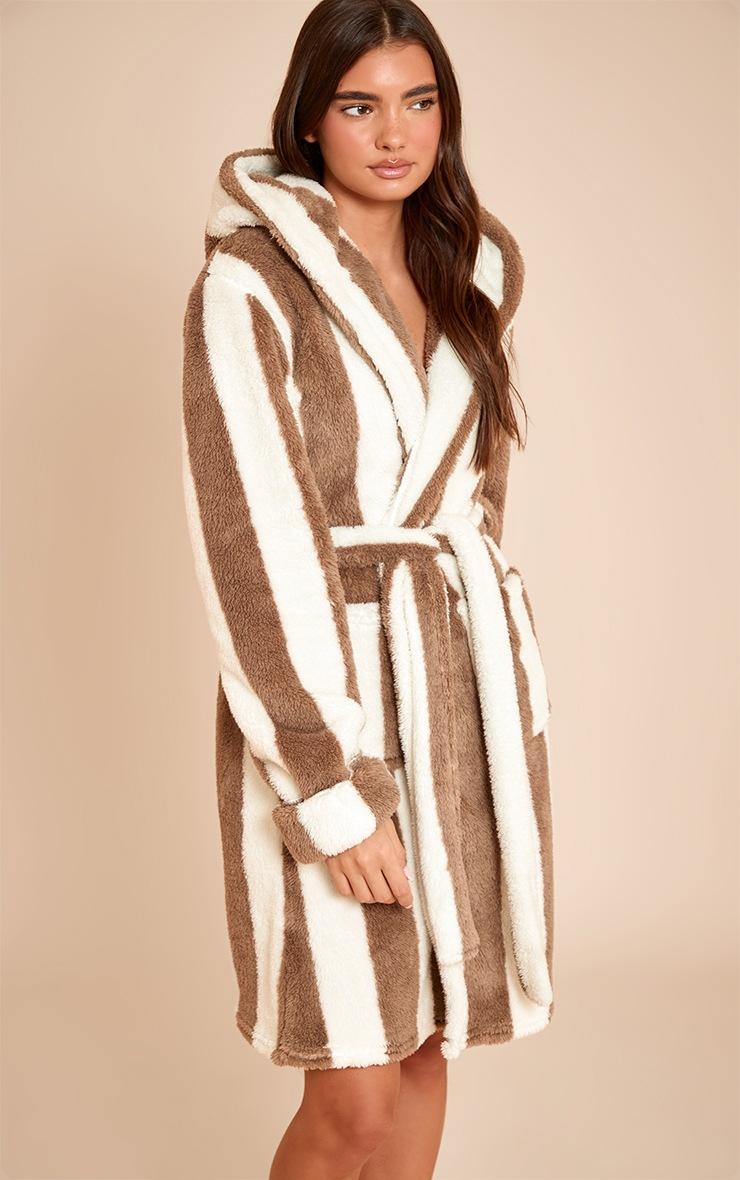 Pretty Little Thing Taupe Stripe Fleece Hooded Short Bath Robe