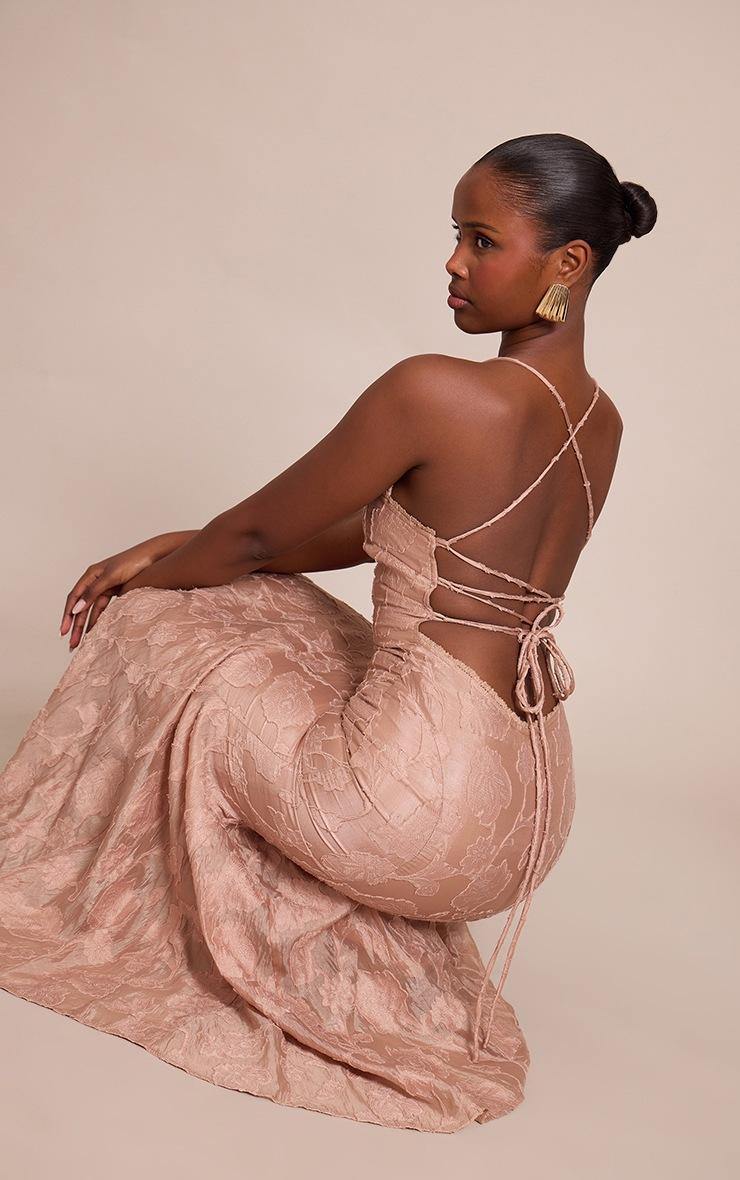 Pretty Little Thing Taupe Textured Lace Up Back Maxi Dress