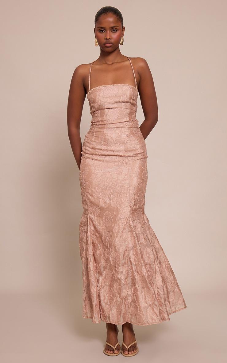 Pretty Little Thing Taupe Textured Lace Up Back Maxi Dress