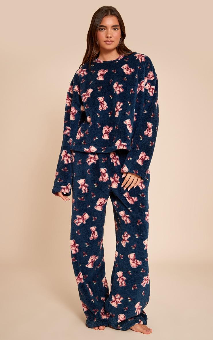 Pretty Little Thing Teddy Print Fleece Sweatshirt Pajama Set