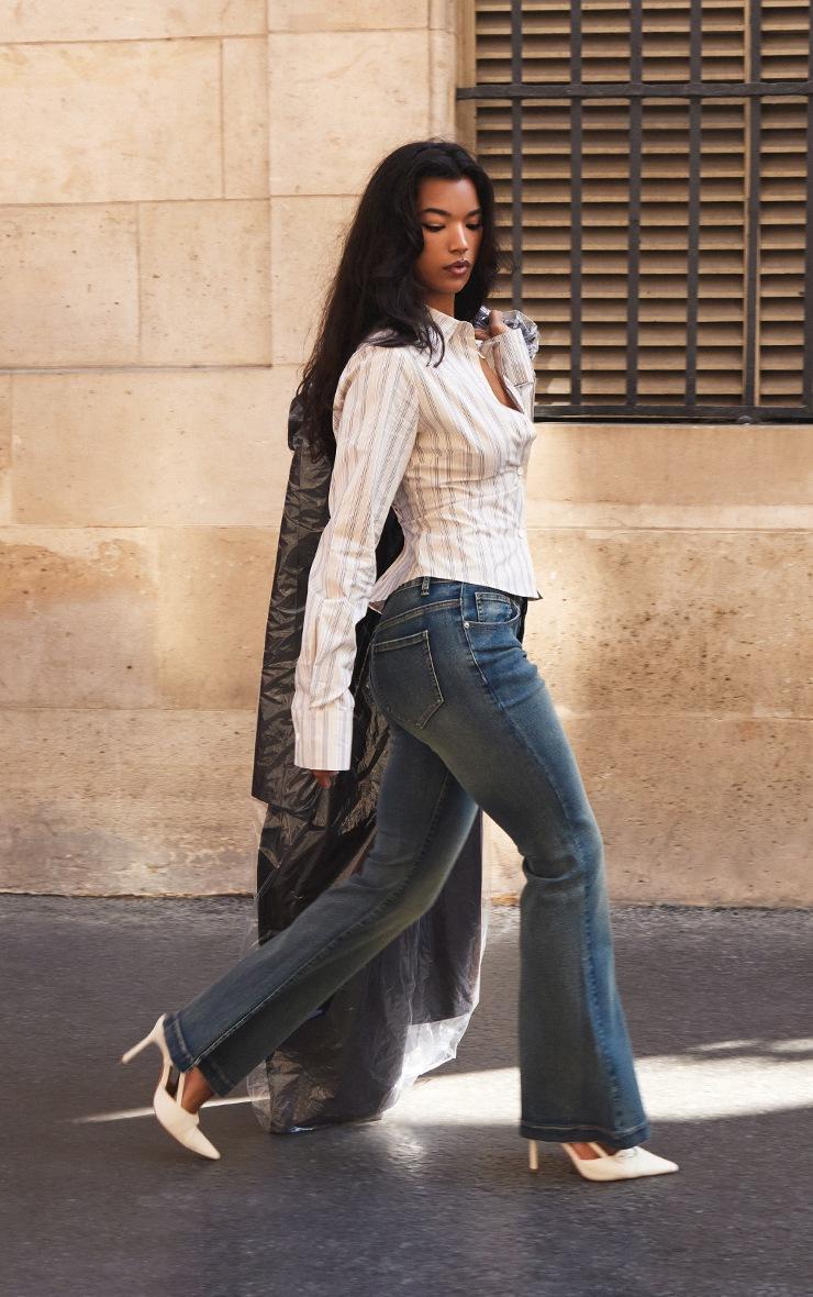 Pretty Little Thing Vintage Wash Dipped Waistband Distressed Flared Jeans