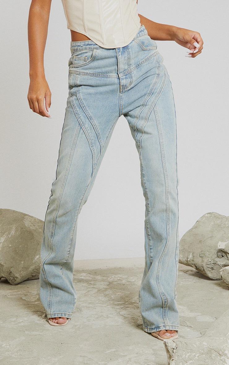 Pretty Little Thing Vintage Wash Seam Detail Long Leg Straight Jeans