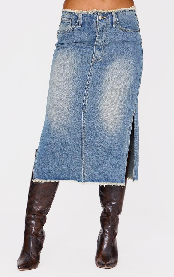 Pretty Little Thing Vintage Wash Side Split Raw Hem Denim Midi Skirt