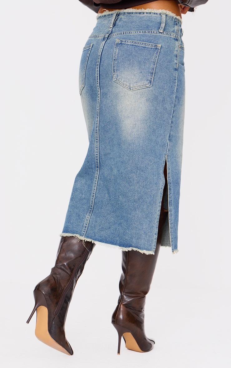 Pretty Little Thing Vintage Wash Side Split Raw Hem Denim Midi Skirt
