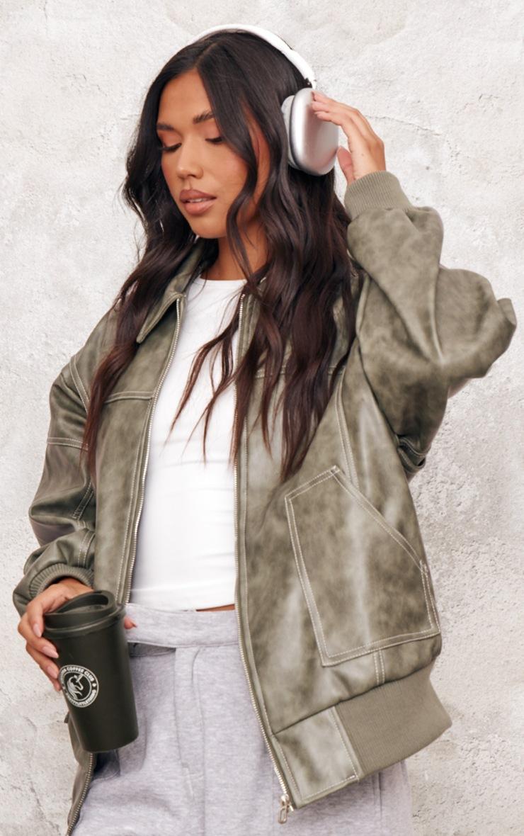 Pretty Little Thing Washed Green Distressed Faux Leather Oversized Longline Bomber Jacket