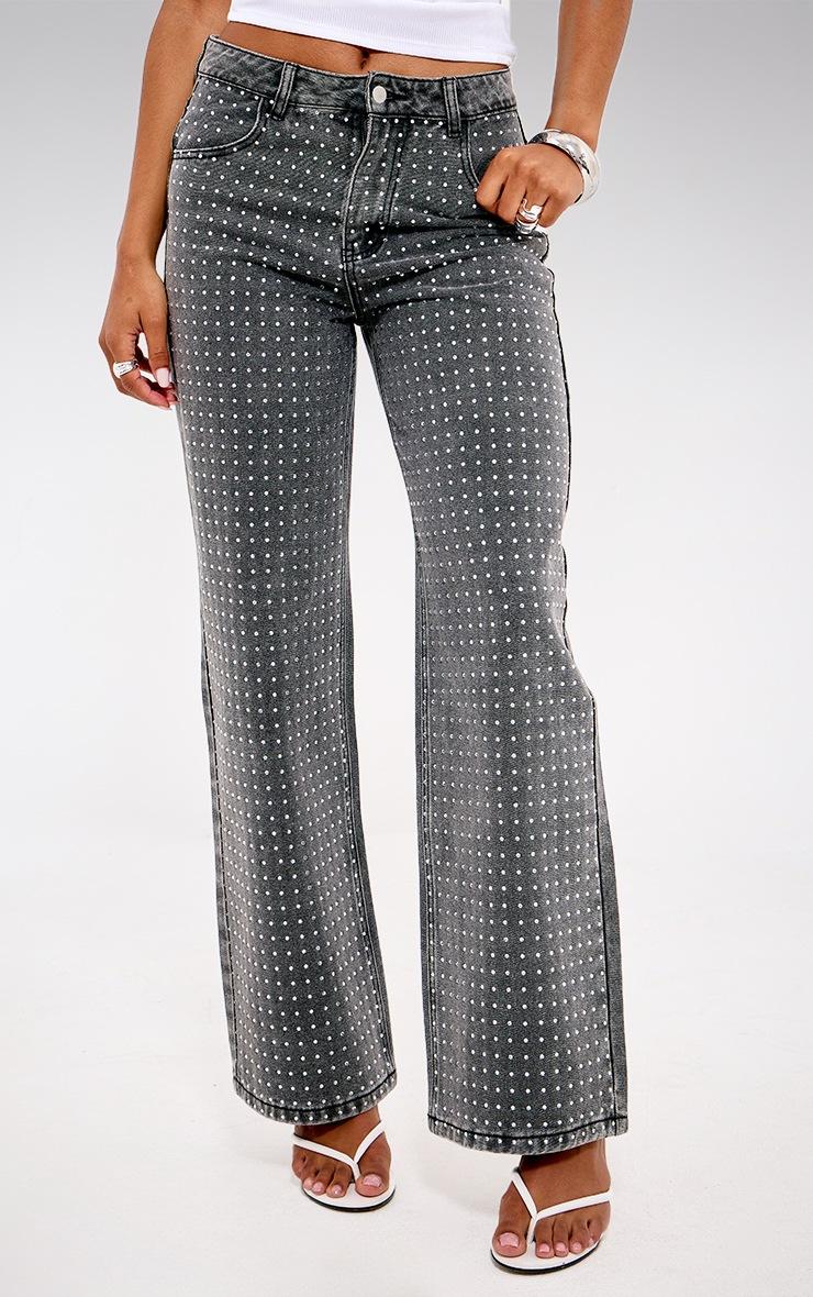 Pretty Little Thing Washed Grey Diamante Front Straight Leg Jeans