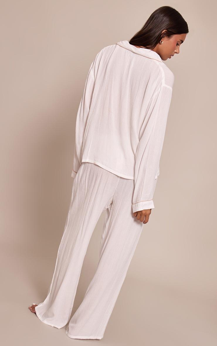 Pretty Little Thing White Contrast Piping Crinkle Long Pj Set