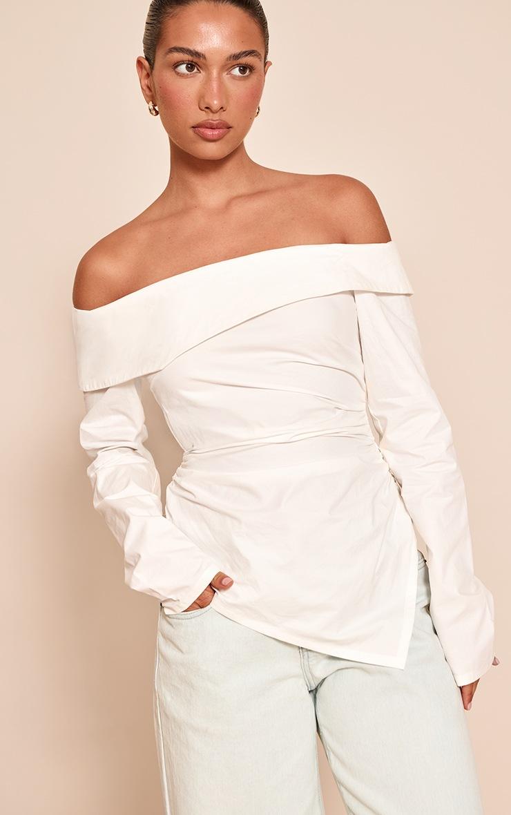 Pretty Little Thing White Cotton Ruched Asymmetric Hem Bardot Top