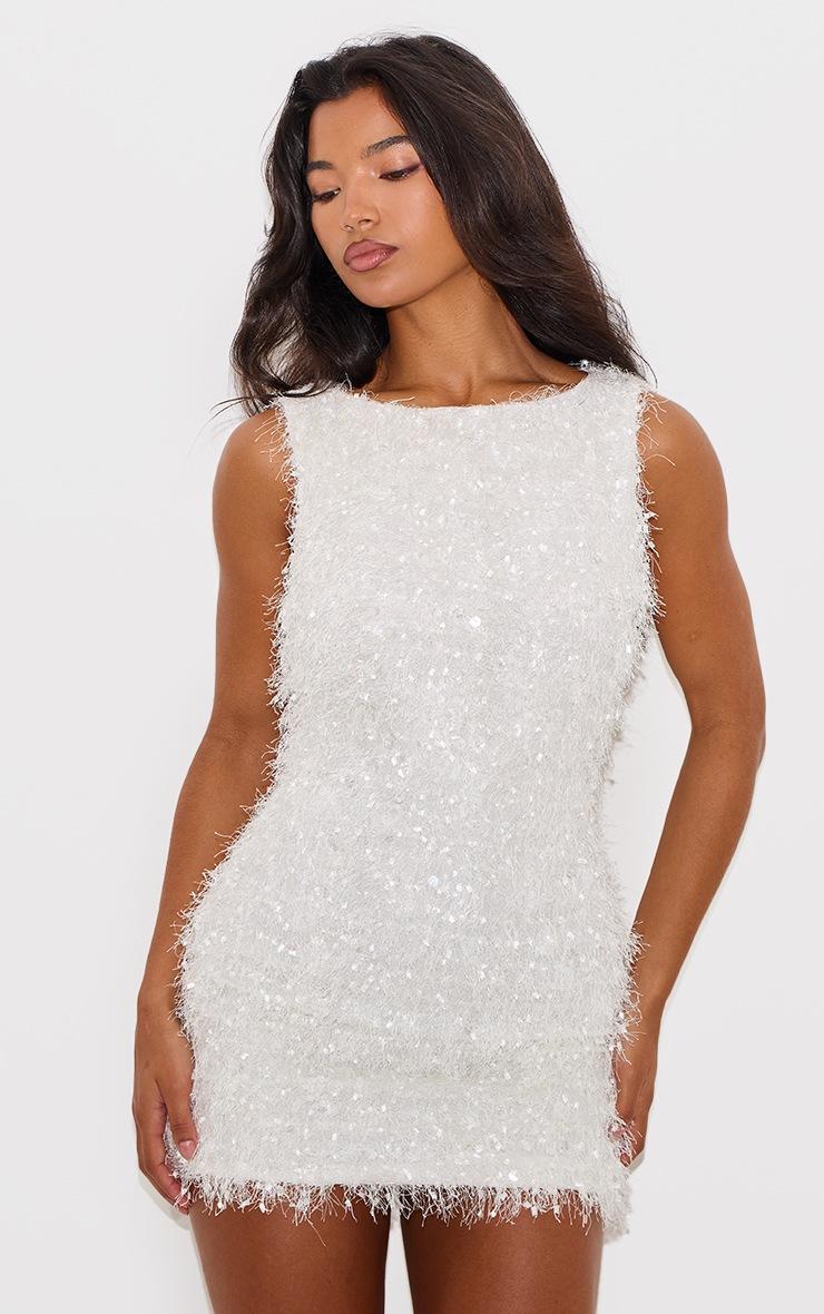 Pretty Little Thing White Faux Feathered Boat Neck Mini Dress