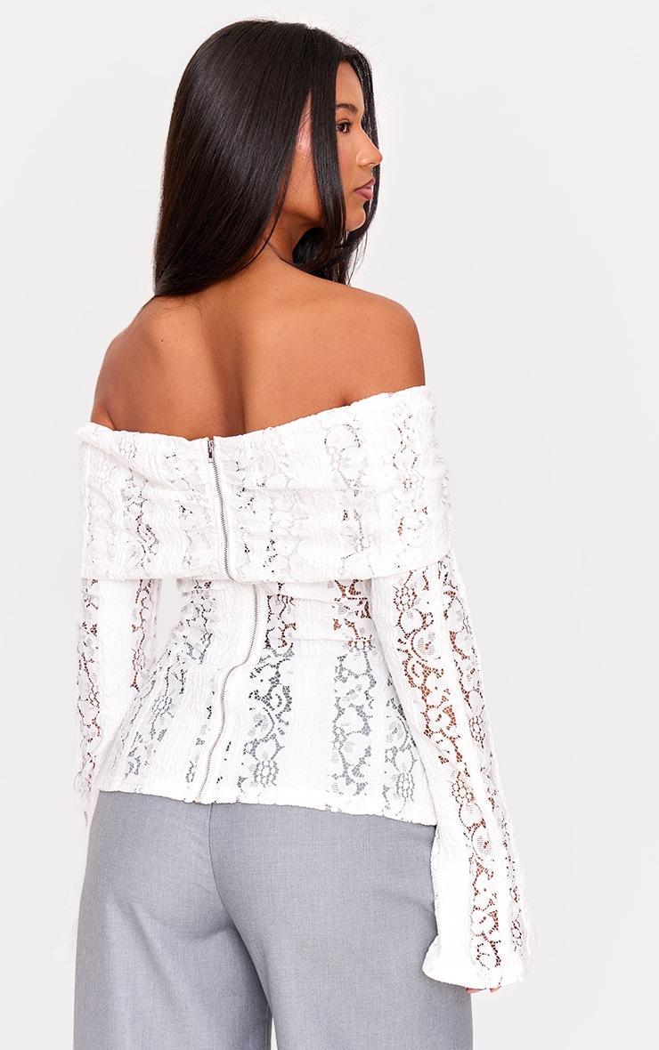 Pretty Little Thing White Fitted Lace Flared Sleeve Bardot Top