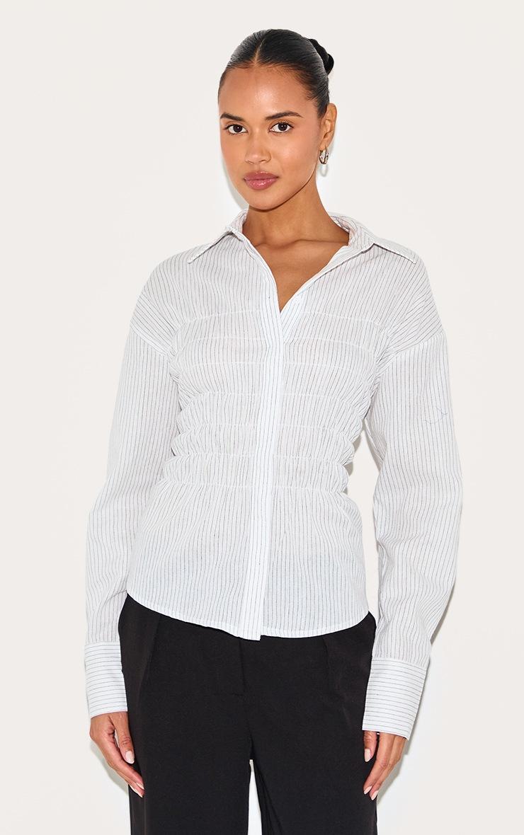 Pretty Little Thing White Shirred Striped Fitted Shirt