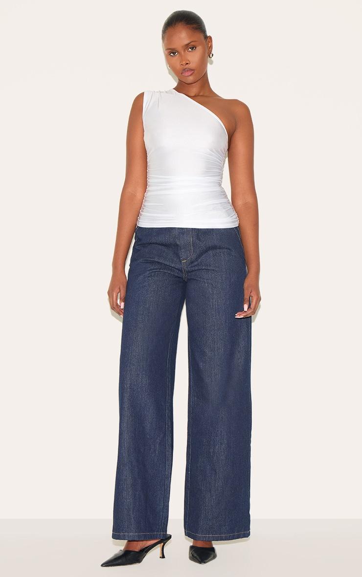 Pretty Little Thing White Stretch Slinky Ruched Side Long Top