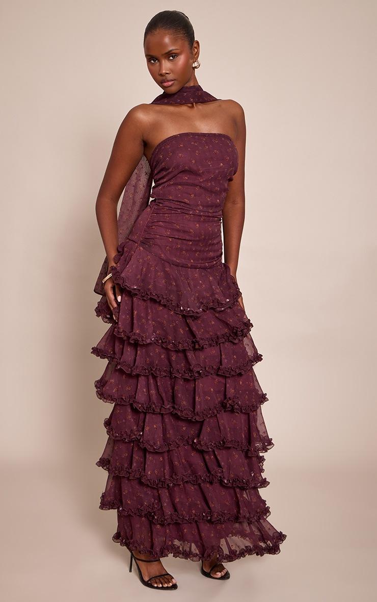 Pretty Little Thing Wine Chiffon Ditsy Floral Print Tiered Frill Maxi Dress