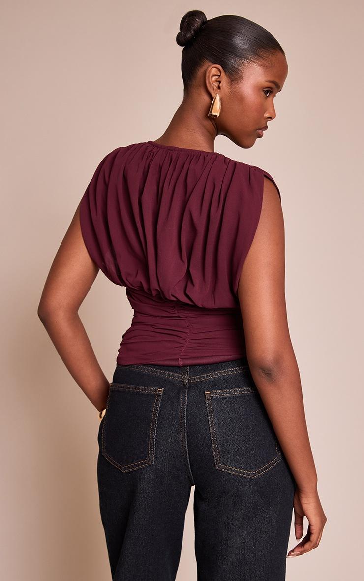 Pretty Little Thing Wine Chiffon Plunge Ruched Bodice Top