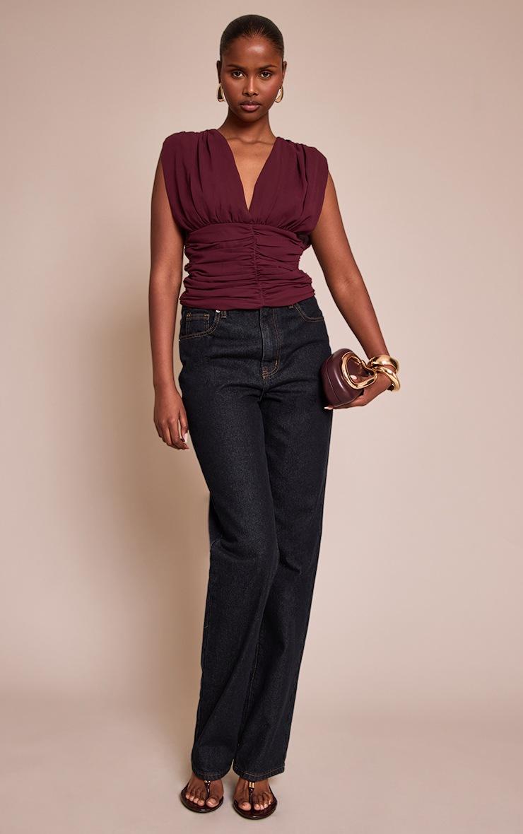 Pretty Little Thing Wine Chiffon Plunge Ruched Bodice Top