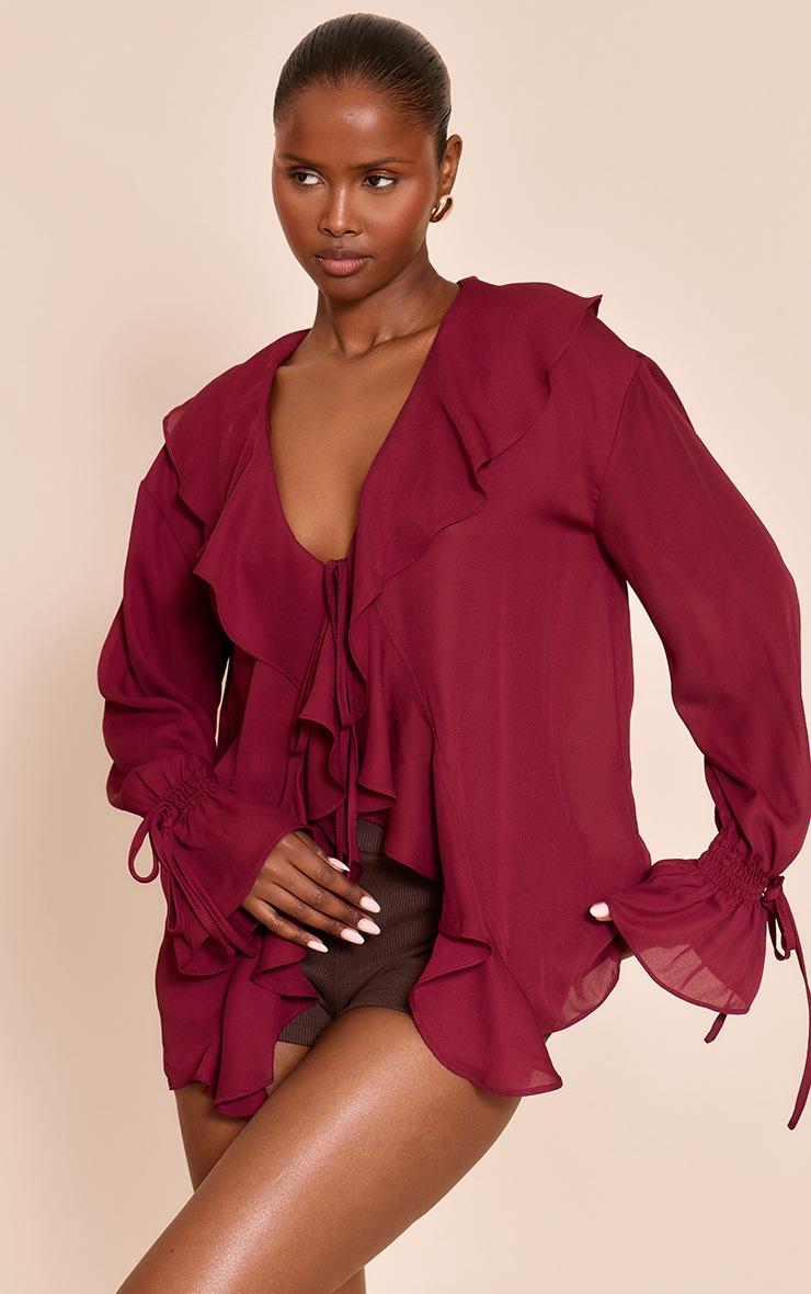 Pretty Little Thing Wine Chiffon Ruffle Tie Front Blouse