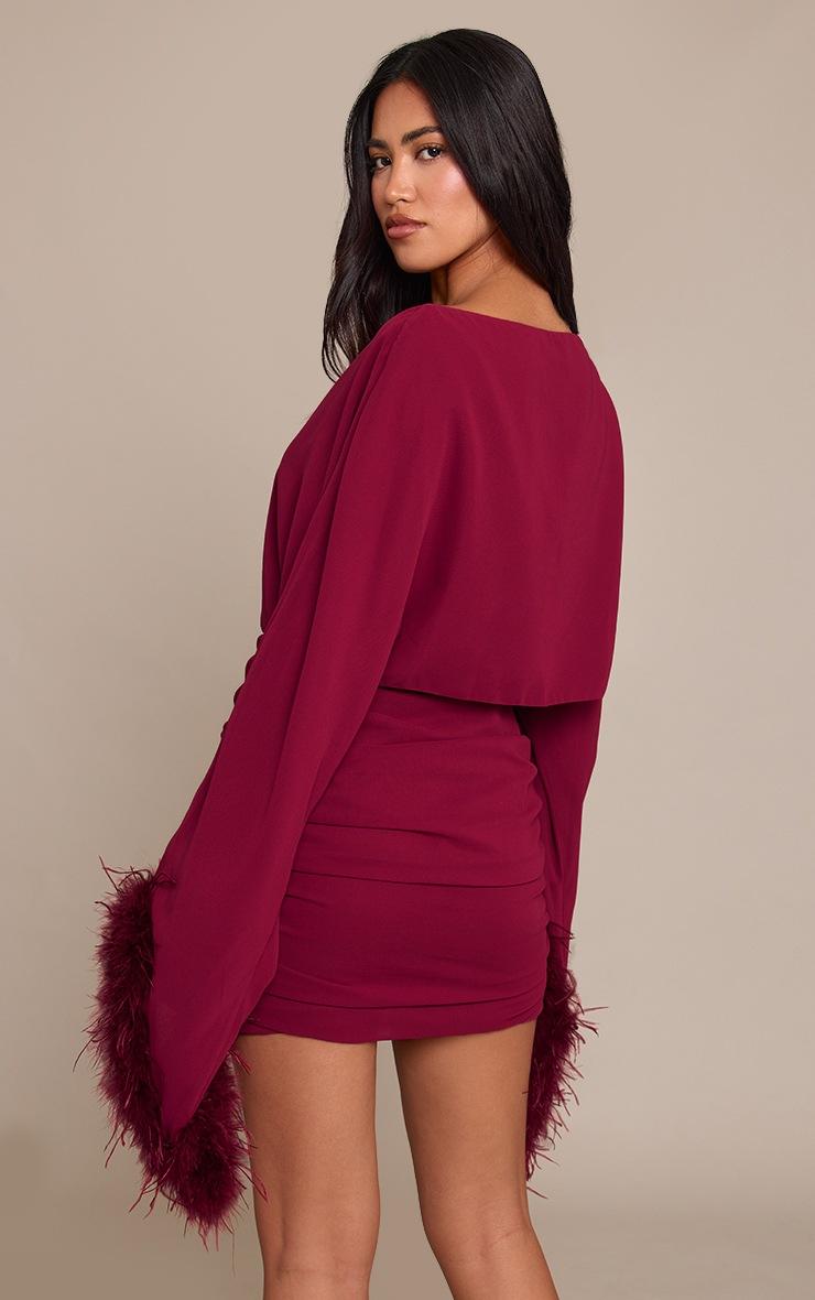 Pretty Little Thing Wine Extreme Feather Cuff Ruched Bodycon Dress