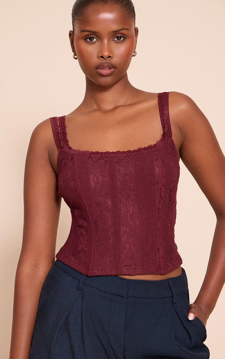 Pretty Little Thing Wine Lace Detail Strappy Cropped Corset Top