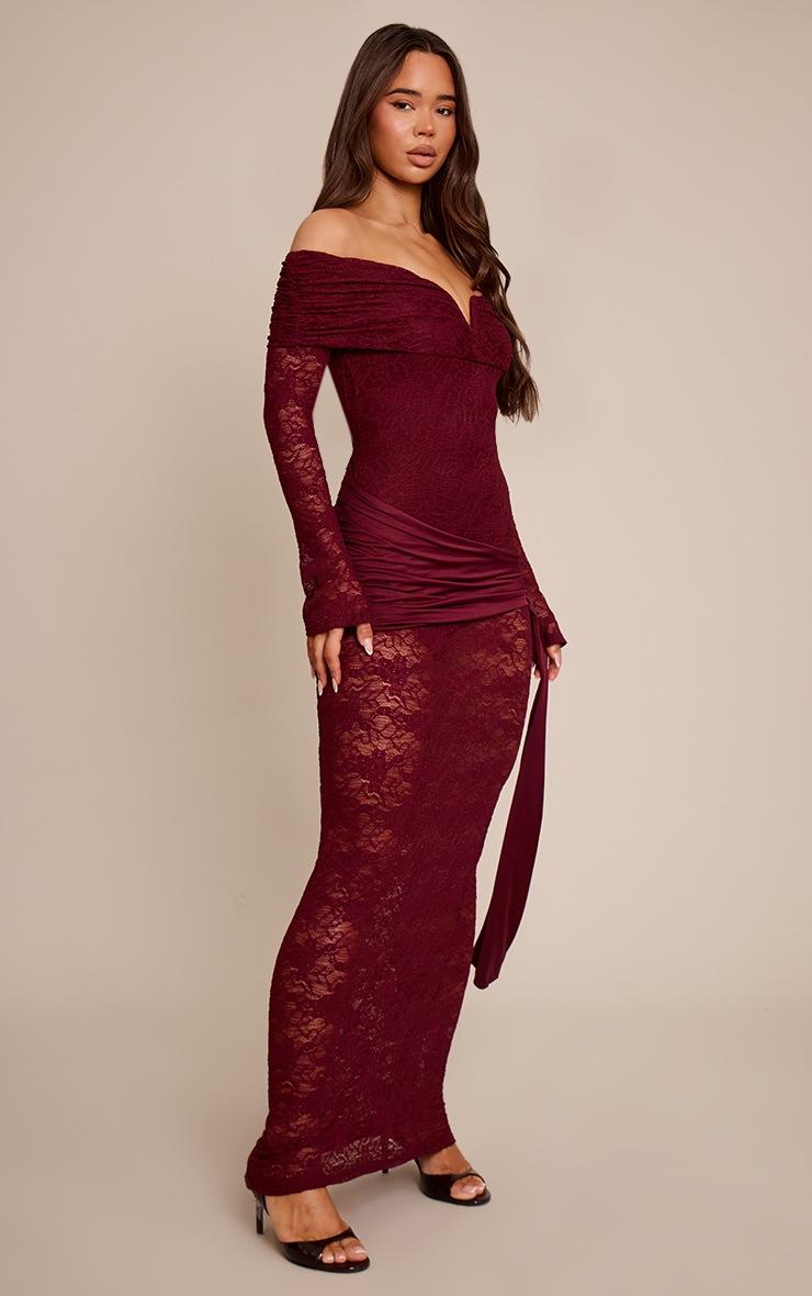 Pretty Little Thing Wine Lace Long Sleeve Wrap Maxi Dress