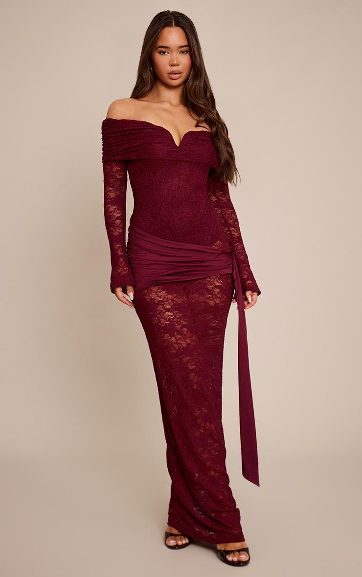 Pretty Little Thing Wine Lace Long Sleeve Wrap Maxi Dress