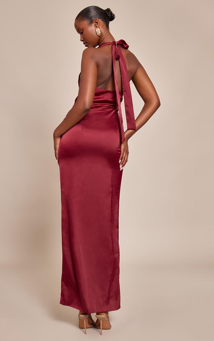 Pretty Little Thing Wine Satin Twist Plunge Halterneck Maxi Dress