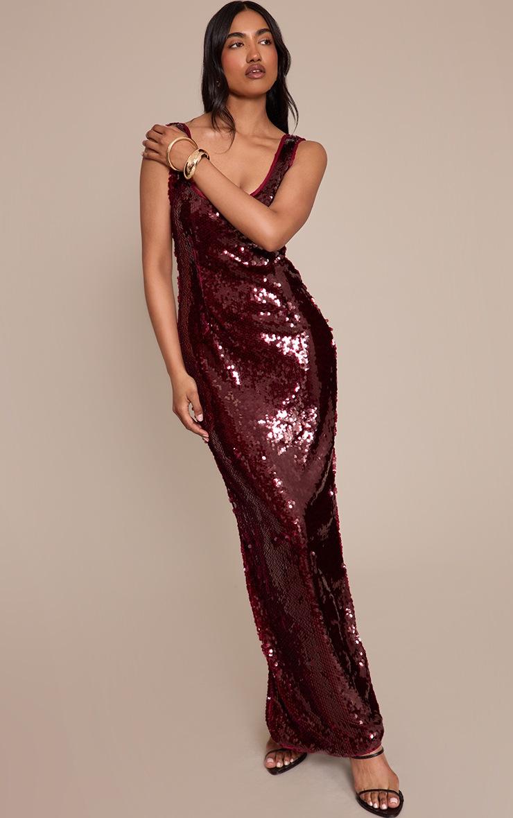 Pretty Little Thing Wine Sequin Scoop Neck Sleeveless Maxi Dress