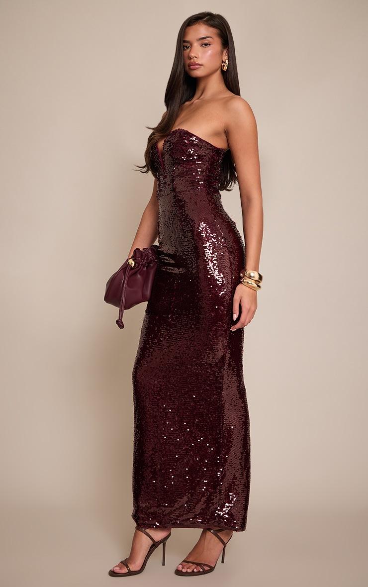 Pretty Little Thing Wine Sequin Wire Cup Detail Maxi Dress