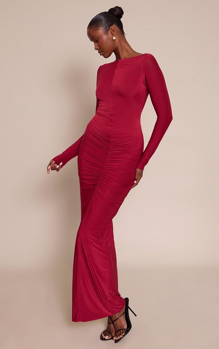 Pretty Little Thing Wine Slinky Ruched Low Back Maxi Dress