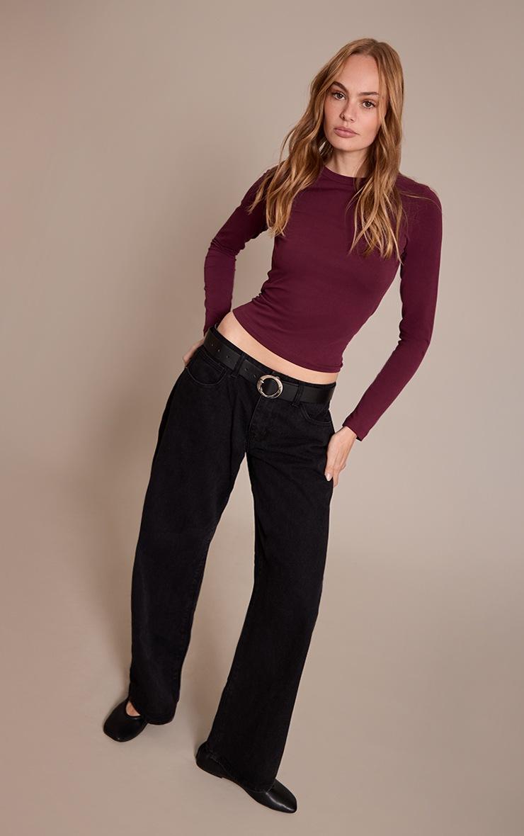 Pretty Little Thing Wine Soft Cotton Crew Neck Longline Long Sleeve Top