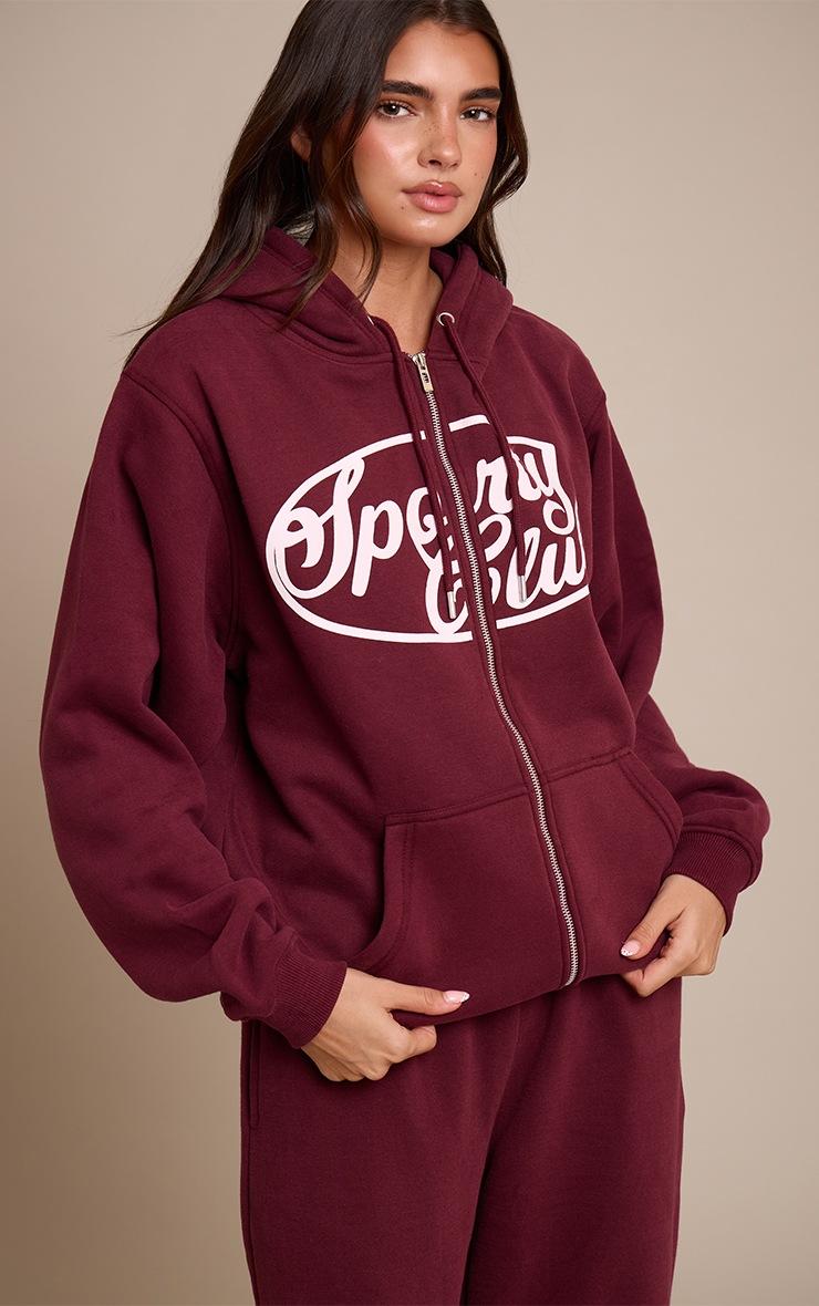 Pretty Little Thing Wine Sports Club Cotton Fleece Full Zip Hoodie