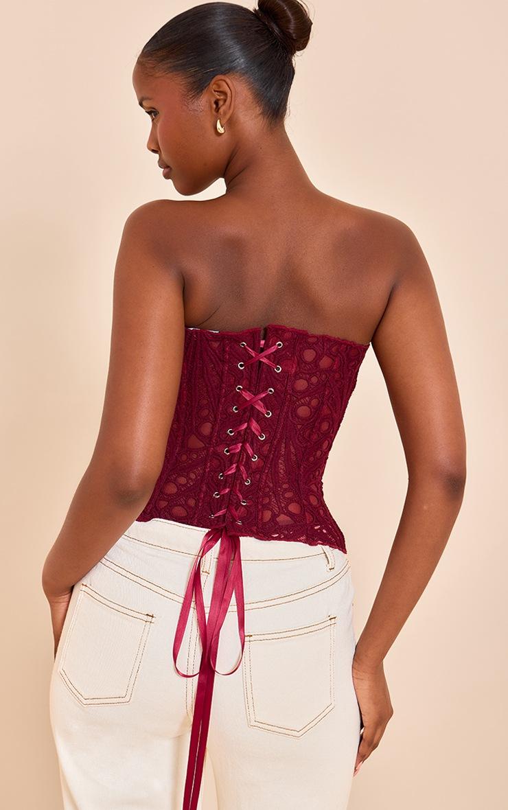 Pretty Little Thing Wine Textured Sheer Floral Lace Corset