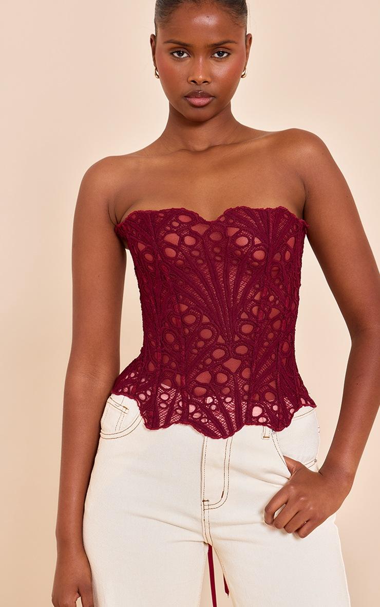 Pretty Little Thing Wine Textured Sheer Floral Lace Corset