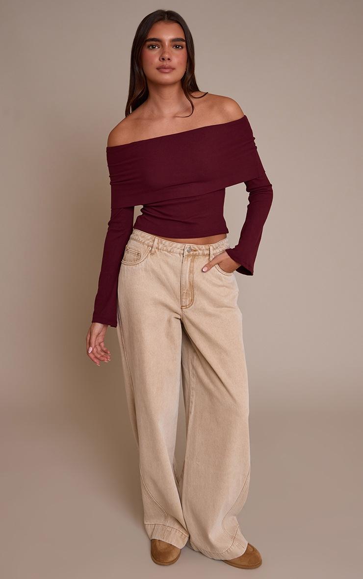 Pretty Little Thing Wine Ultra Soft Deep Foldover Bardot Long Sleeve Top
