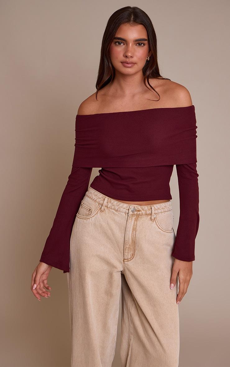 Pretty Little Thing Wine Ultra Soft Deep Foldover Bardot Long Sleeve Top
