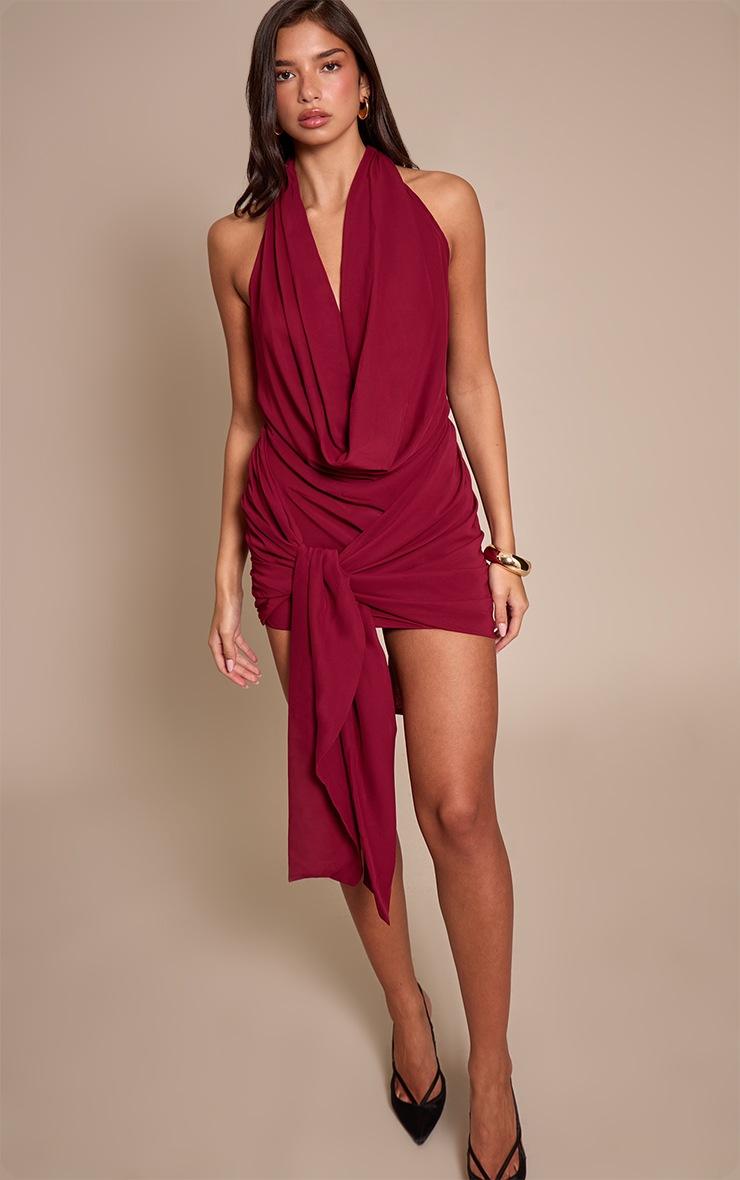 Pretty Little Thing Wine Woven Wrap Halterneck Mini Dress
