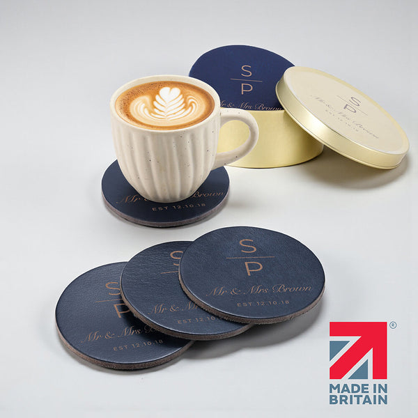 primehide Leather Coasters Set of 4 with Gold Tin – Handmade in the UK