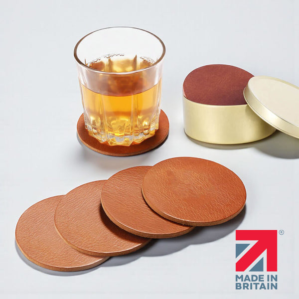 primehide Leather Coasters Set of 6 with Gold Tin – Handmade in the UK