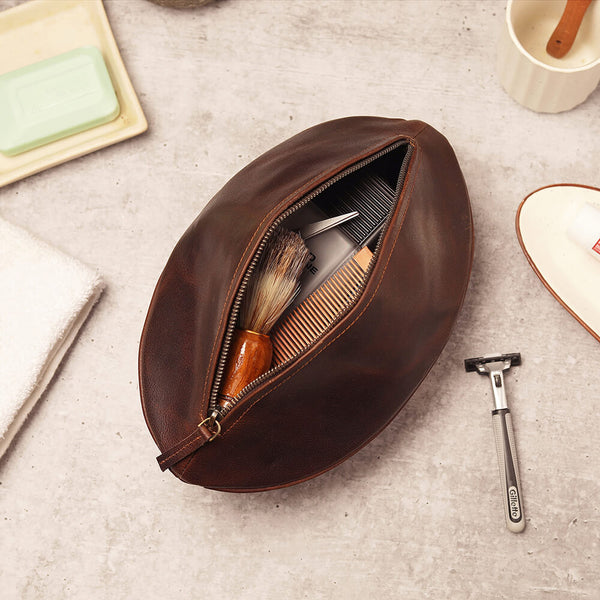 Primehide Leather Rugby Ball Wash Bag Travel Toiletry Bag For Men