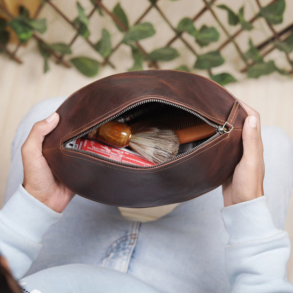 Primehide Leather Rugby Ball Wash Bag Travel Toiletry Bag For Men