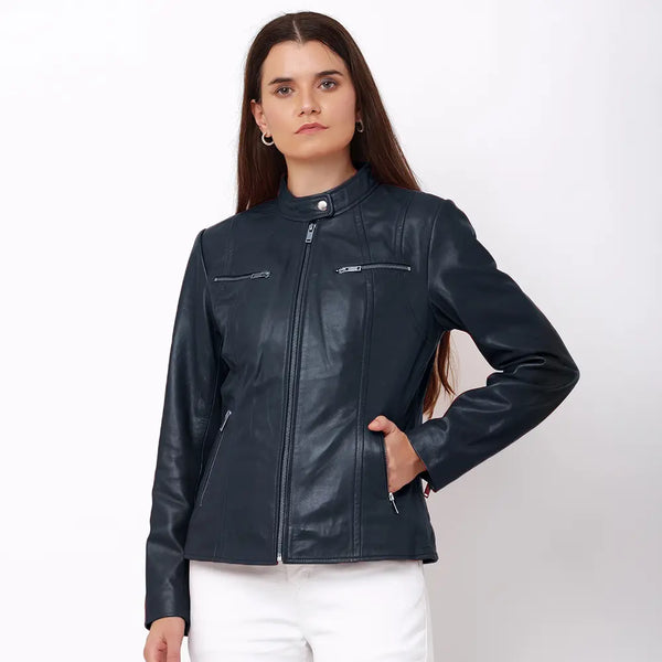 primehide Women’s Navy Leather Biker Jacket – Celine