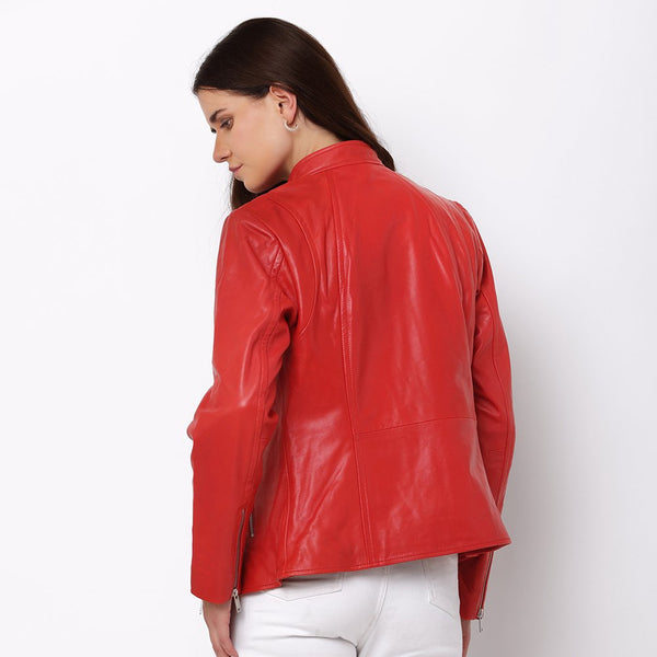 Primehide Women’s Red Leather Biker Jacket – Celine
